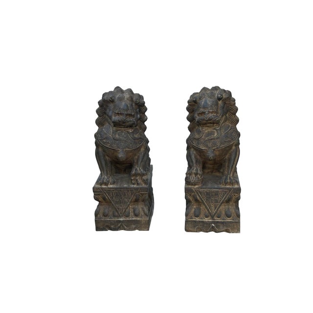 The Pair Chinese Rustic Brown Marks Stone Fengshui Foo Dogs Lions Statue is a stunning embodiment of traditional Chinese...