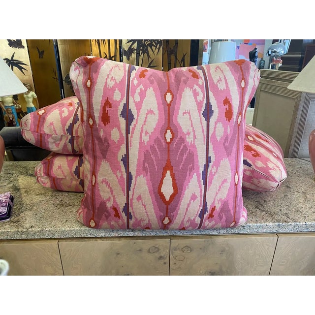 Steve Chase Steve Chase Modern Ikat Print in Pink and Tan Designed Pillow For Sale - Image 4 of 10