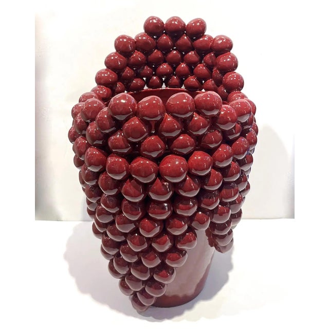 Ceramic Post-Modern Italian Pair of Sculptural Ceramic Dark Wine Vases With Grapevine Decor For Sale - Image 7 of 12