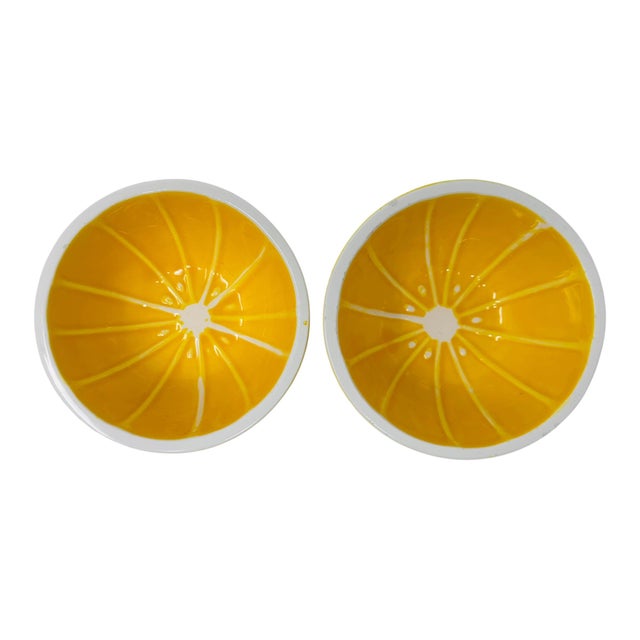 Canary Yellow Mid 20th Century Knobler Japan Lemon Fruit Bowls 1960s Trompe L’Oeil Majolica | Realistic Citrus Art Pottery - a Pair For Sale - Image 8 of 13