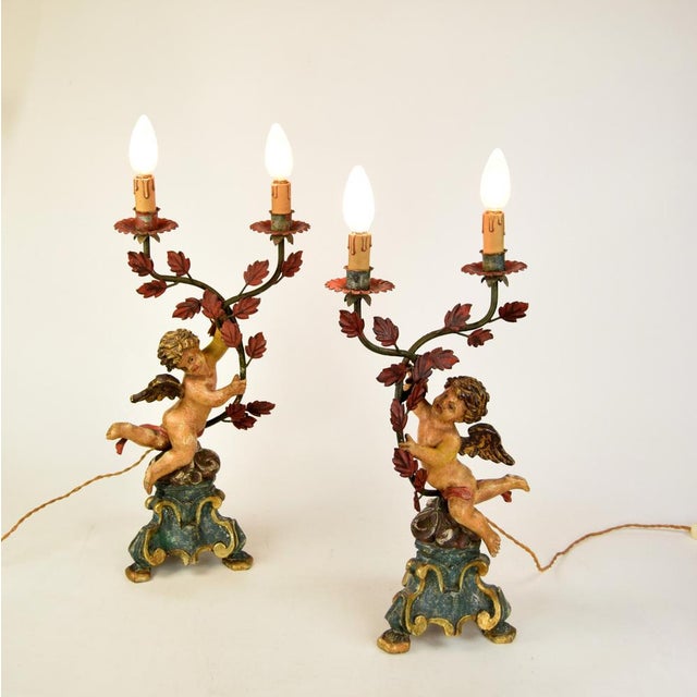 Cherub Table Lamps with Carved and Painted Angel Figures, 1920s, Set of 2 For Sale - Image 3 of 6