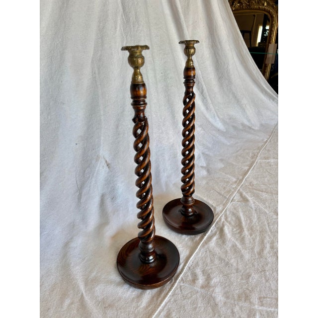 English 19th Century English Oak Open Barley Twist Candlesticks - A Pair For Sale - Image 3 of 12