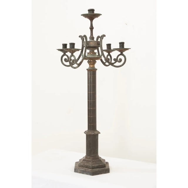 Dimensions : 35-¼”H x 18-¼”Diameter This generously scaled five-arm candelabra has gained a wonderful patina since its...