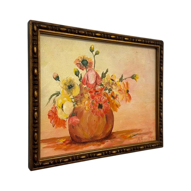 This vintage oil painting on canvas depicts a vibrant still life arrangement of warm-toned orange, yellow, and pink...