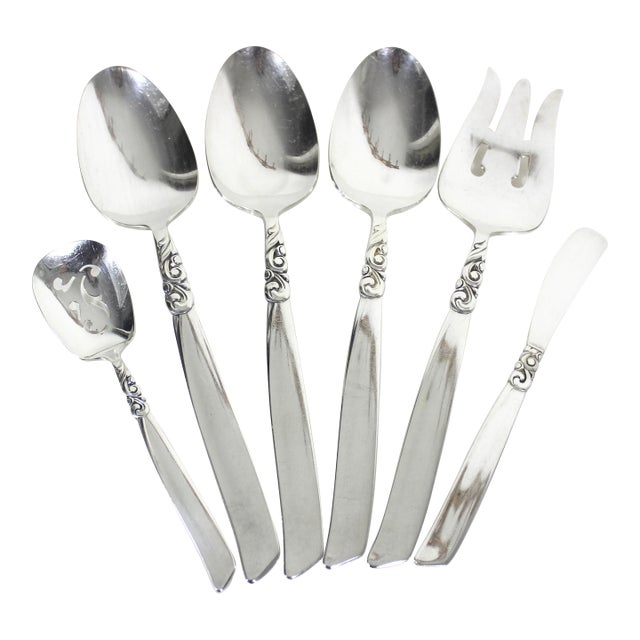 1955 Hostess Set South Seas Community Silverplate Serving Spoons Pieces, Hosting Utensils, Large Spoon Fork - 6 Piece For Sale