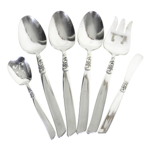 1955 Hostess Set South Seas Community Silverplate Serving Spoons Pieces, Hosting Utensils, Large Spoon Fork - 6 Piece