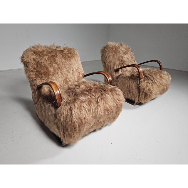 Wood H269 Chairs in Long Hair Mongolian Sheepskin from Jindrich Halabala, 1930s, Set of 2 For Sale - Image 7 of 12