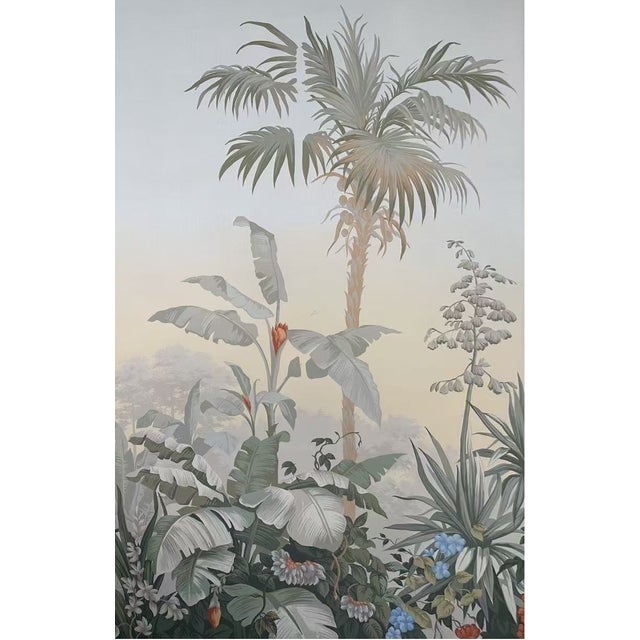 36" * H108" * 4ps, Hand-Painted French Retro Tropical Jungle Floral & Bird Wall Mural, Soft Mist Botanical Wallpaper For Sale - Image 6 of 6