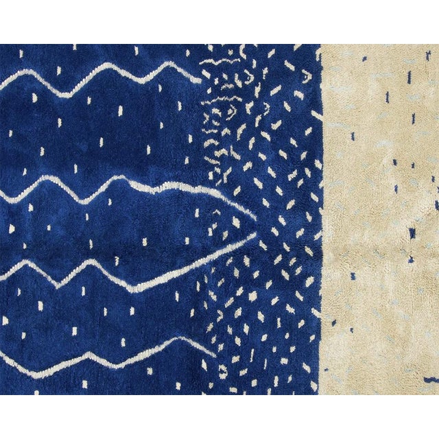 Navy Blue Abstract Hand-Knotted Moroccan Wool Rug | 9'3" X 5'11" | One of a Kind For Sale - Image 8 of 9