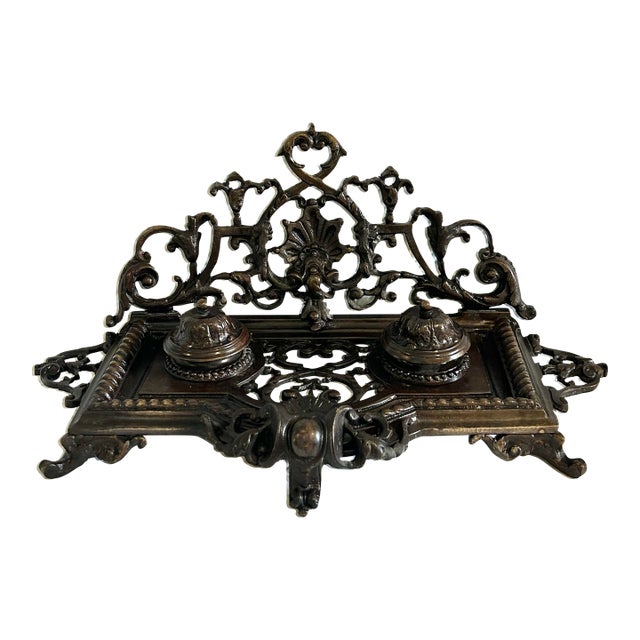 Antique Bronze Victorian Rococo Revival Double Inkwell For Sale