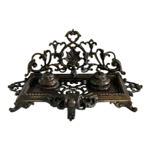 Antique Bronze Victorian Rococo Revival Double Inkwell