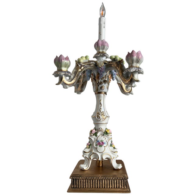MId-Century Dresden Porcelain Floral Fruit Candelabra Table Lamp For Sale In New York - Image 6 of 15