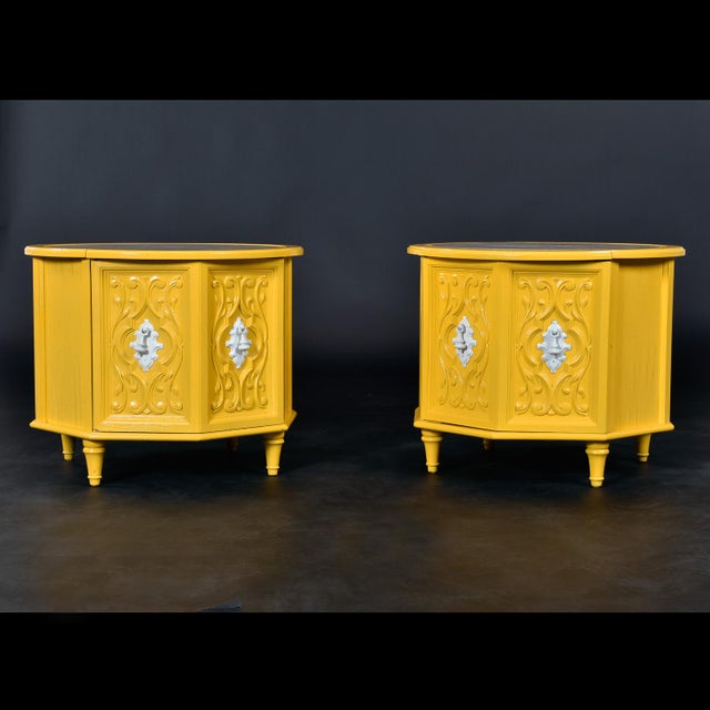 Wood 1970s Yellow and White Round Travertine Top Side Tables or Nightstands With Storage For Sale - Image 7 of 12