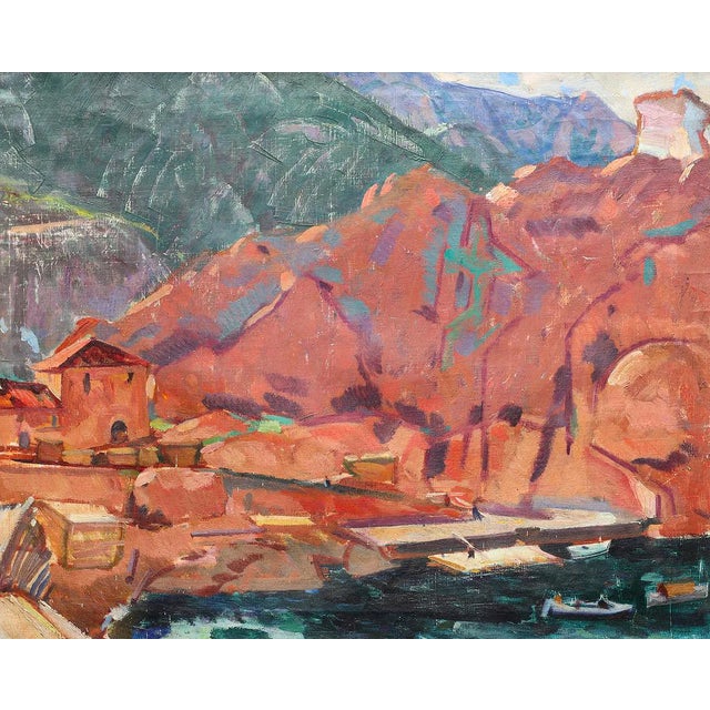 Expressionist oil painting on canvas. In a mid-century frame. European mountain and seascape. Unsigned. Frame: 33.5x28"...