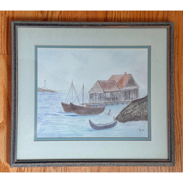 Wood 1994 Folk Art Nautical Seascape Watercolor For Sale - Image 7 of 7