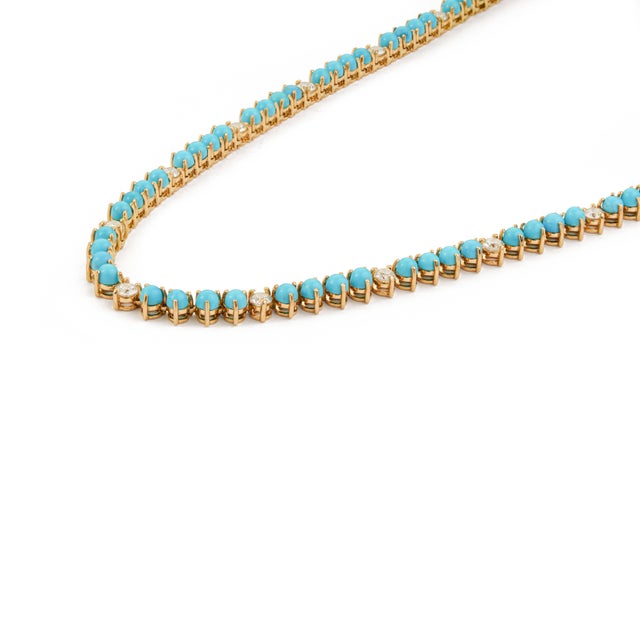 VR Jewels 18k Yellow Gold 13.8ct Round Sleeping Beauty Turquoise & Diamond Tennis Necklace For Sale - Image 4 of 17