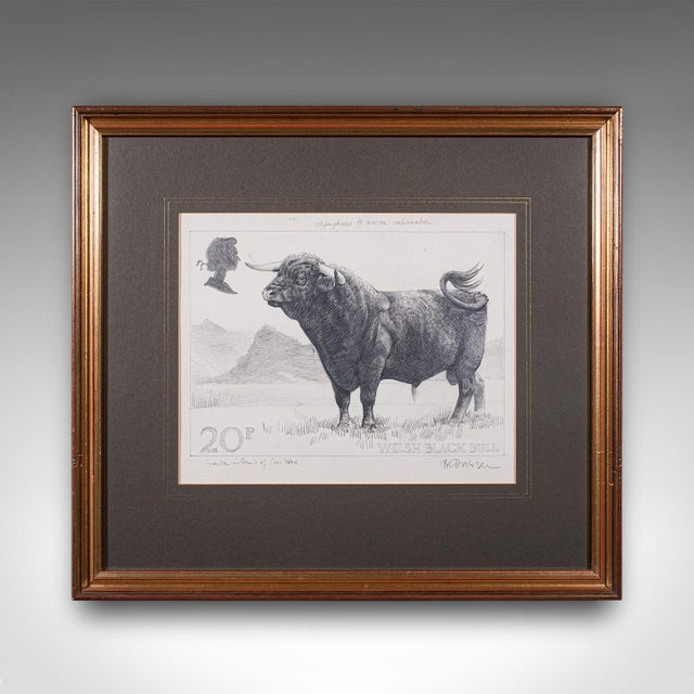 This is a vintage artist's proof sketch of the Welsh Black Bull. An English, framed original illustration for British Post...