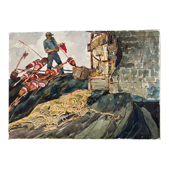 William C Grauer (1895-1985) “Maine Lobster Fisherman,” Watercolor For Sale