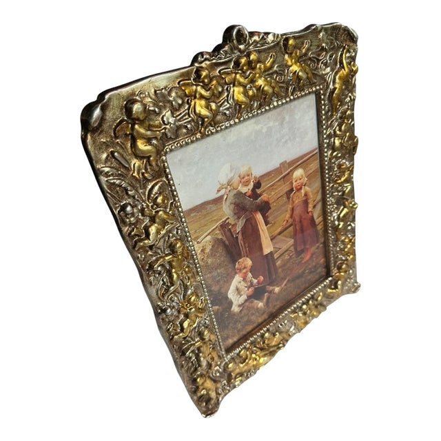 Large Vintage Picture Frame Made in Italy Gold Cherubs For Sale