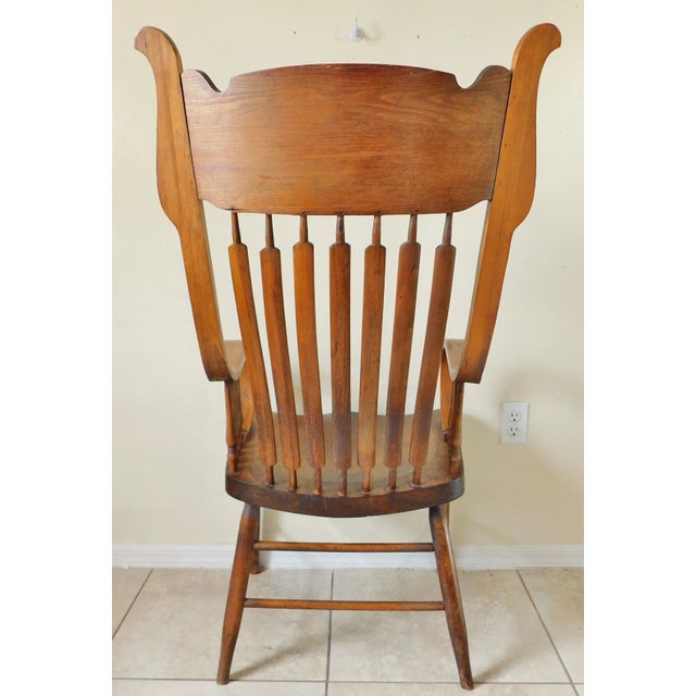 Large Antique Solid Oak Wood Pressed Spindle Back Oversized Arm Chair For Sale - Image 10 of 12