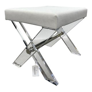 Worlds Away Dixon Acrylic Lucite X Base Stool Nickel Stretcher White Linen For Sale