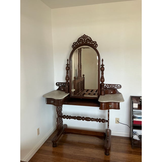 Antique Anglo-Indian Carved Hardwood Marble Top Vanity Dressing Table For Sale - Image 17 of 17