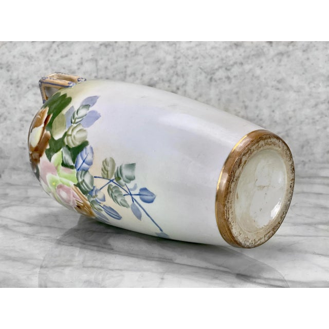 Vintage Japanese Porcelain Art Deco Floral Motif Moriage Handle Urn Vase For Sale - Image 9 of 10