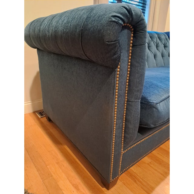 Navy tufted Chesterfield sofa by Lee Jofa. 88"w x 40"d x 36" h. Originally purchased from Lee Jofa in the Boston Design...