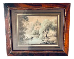 Claude Thiénon, River Scene with Boat and Church, 19th Century, Watercolor