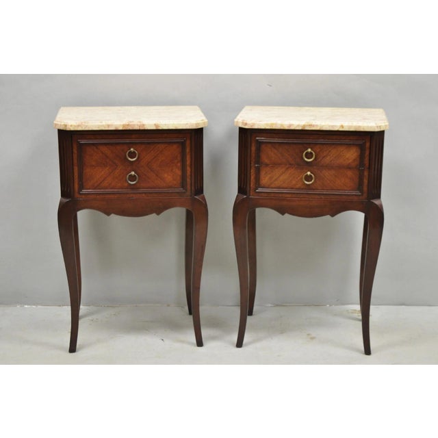 Vintage French Louis XV Style Pink Marble Top Mahogany Nighstand Bedside Tables - a Pair. (1) Table with 2 dovetailed...