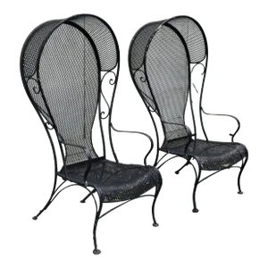 Vintage Wrought Iron Outdoor Patio Canopy Chairs - Set of 2