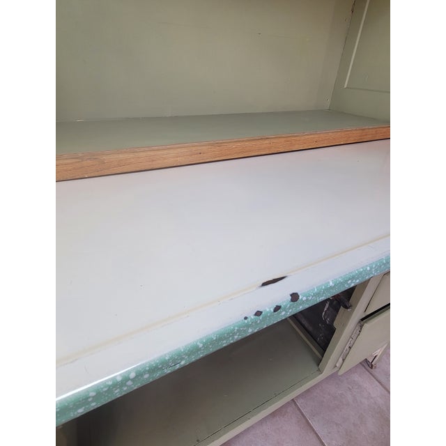 Green Antique Sellers "Kitcheneed" Hoosier Cabinet - Elwood, Indiana – Sage Green & Oak For Sale - Image 8 of 12