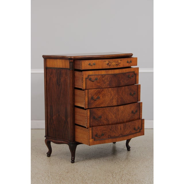 1930s Vintage French Style Bow Front 5 Drawer Inlaid Walnut Chest For Sale - Image 5 of 18