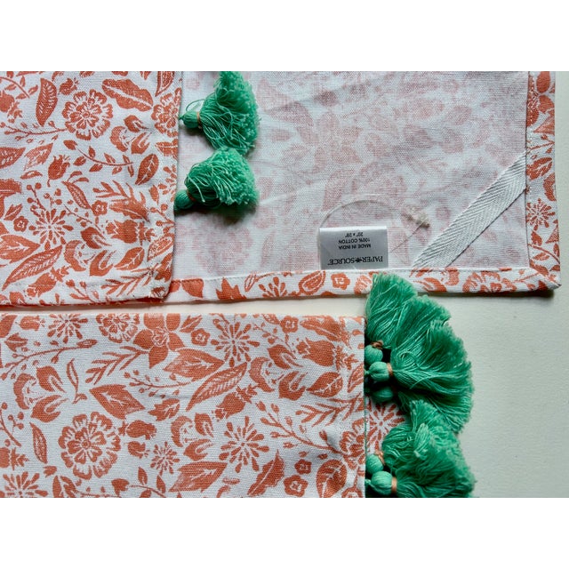 Pair Unused White Cotton, Coral Floral, Teal Tasseled Hand Towels For Sale - Image 15 of 17