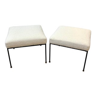 Mid Century Wrought Iron and Boucle Stools in the Manner of Frederick Weinberg - a Pair For Sale