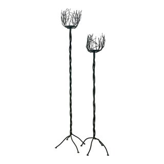 1980s Vintage Brutalist Art Nouveau Giacometti Style Bird’s Nest Floor Pillar Candle Stands - Set of 2 For Sale