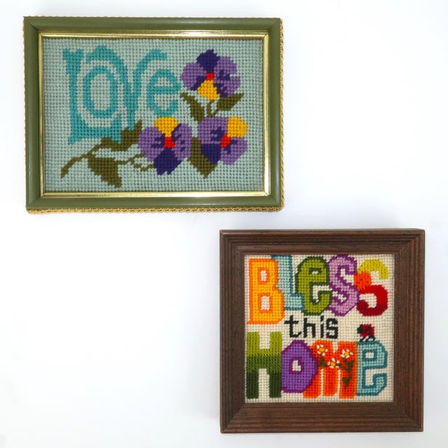 This pair of C.1970 framed needlepoints are like the mod version of the old fashioned samplers popular in the Victorian...