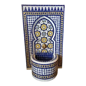 Large Tazia Blue, White, Yellow Moroccan Mosaic Tile Fountain