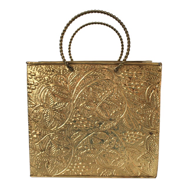 1970s Embossed Brass Shopping Tote Bag Magazine Holder For Sale