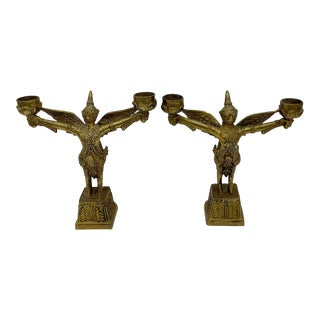 Mid 20th Century Brass Garuda Statues With Candle Holders- a Pair For Sale