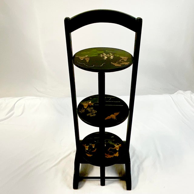 Mid 20th Century Vintage Chinoiserie Ebonized Black Three Tier Pie, Desert Table Stand. For Sale - Image 5 of 12