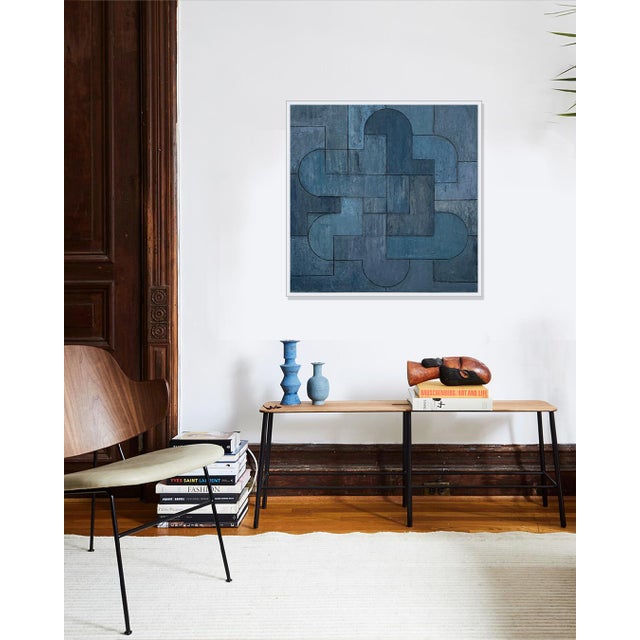 Paint Contemporary Geometric Abstract Oil and Cold Wax Painting Monochromatic Blue by Stephen Cimini For Sale - Image 7 of 7