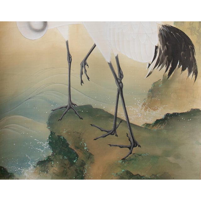 Early 20th C. Meiji to Early Showa Era Japanese Watercolor Scroll "Two Red-Crowned Cranes at the Sea" For Sale In Dallas - Image 6 of 12