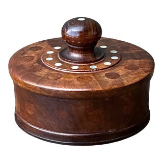 Vintage Round Wood Inlay Trinket Box For Sale