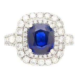 GIA Certified 3.12 Carat Cushion Cut No Heat Sapphire And Diamond Ring, Size 6.5