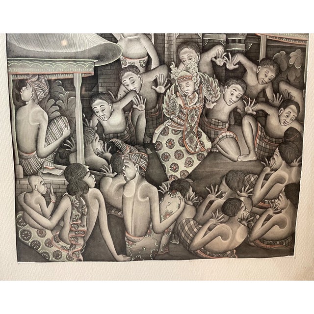 Black Vintage Original Balinese Ubud Indonesian Figural Landscape Watercolor Painting For Sale - Image 8 of 10