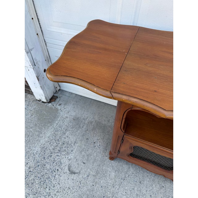 Vintage French Provincial Wood Server Cabinet With Drop-Leaf Top & Lattice Doors For Sale - Image 11 of 12