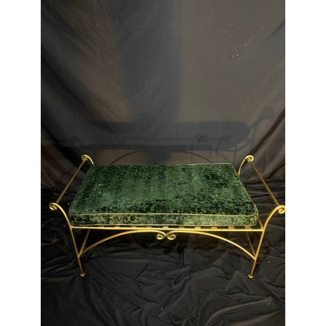 Green Vintage Hollywood Regency-Style Emerald Green Velvet and Gold-Tone Metal Bench For Sale - Image 8 of 11
