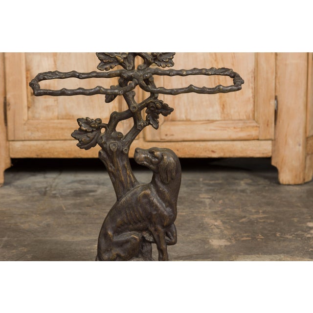 English Iron Umbrella Stand with Dog and Tree Motif and White Receptacle For Sale - Image 9 of 12