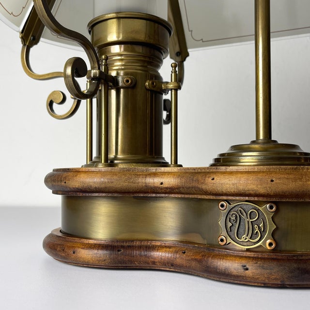 Elegant and unique brass and wood lamp with shade by qvist & co. Made in sweden in the 1970s. solid wood, a heavy brass...